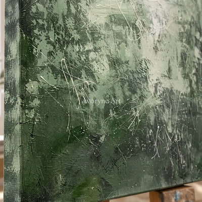 Pale Verdant Traces: Soft Green Textured Drip Abstract Wall Art — detail easel