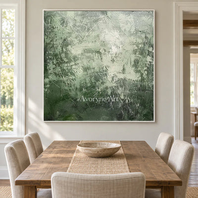 Pale Verdant Traces: Soft Green Textured Drip Abstract Wall Art — dining white