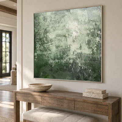 Pale Verdant Traces: Soft Green Textured Drip Abstract Wall Art — entry silver