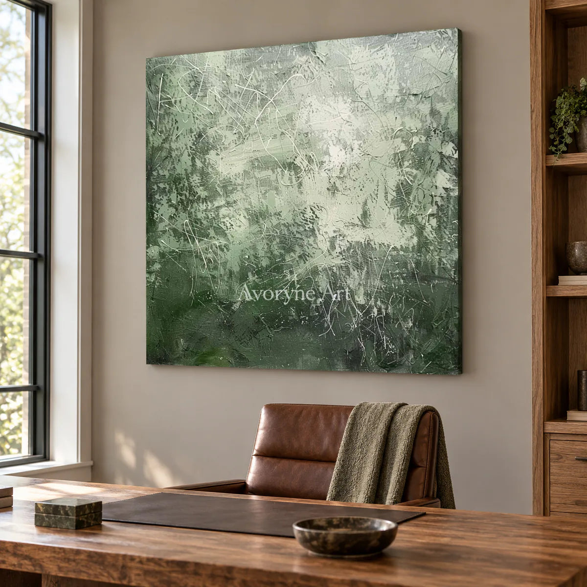 Pale Verdant Traces: Soft Green Textured Drip Abstract Wall Art — office frameless