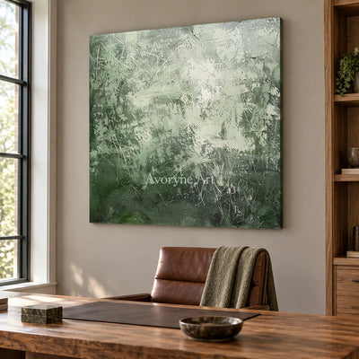 Pale Verdant Traces: Soft Green Textured Drip Abstract Wall Art — office frameless