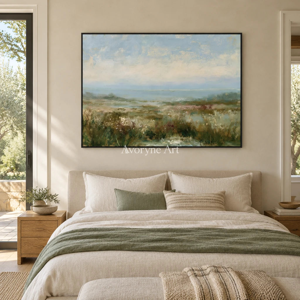 Ivory Gentle Reverie: Soft Meadow Landscape — bedroom black