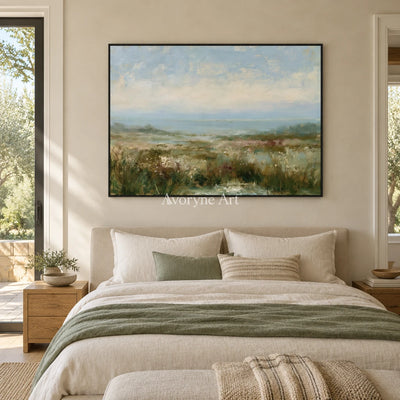 Ivory Gentle Reverie: Soft Meadow Landscape — bedroom black