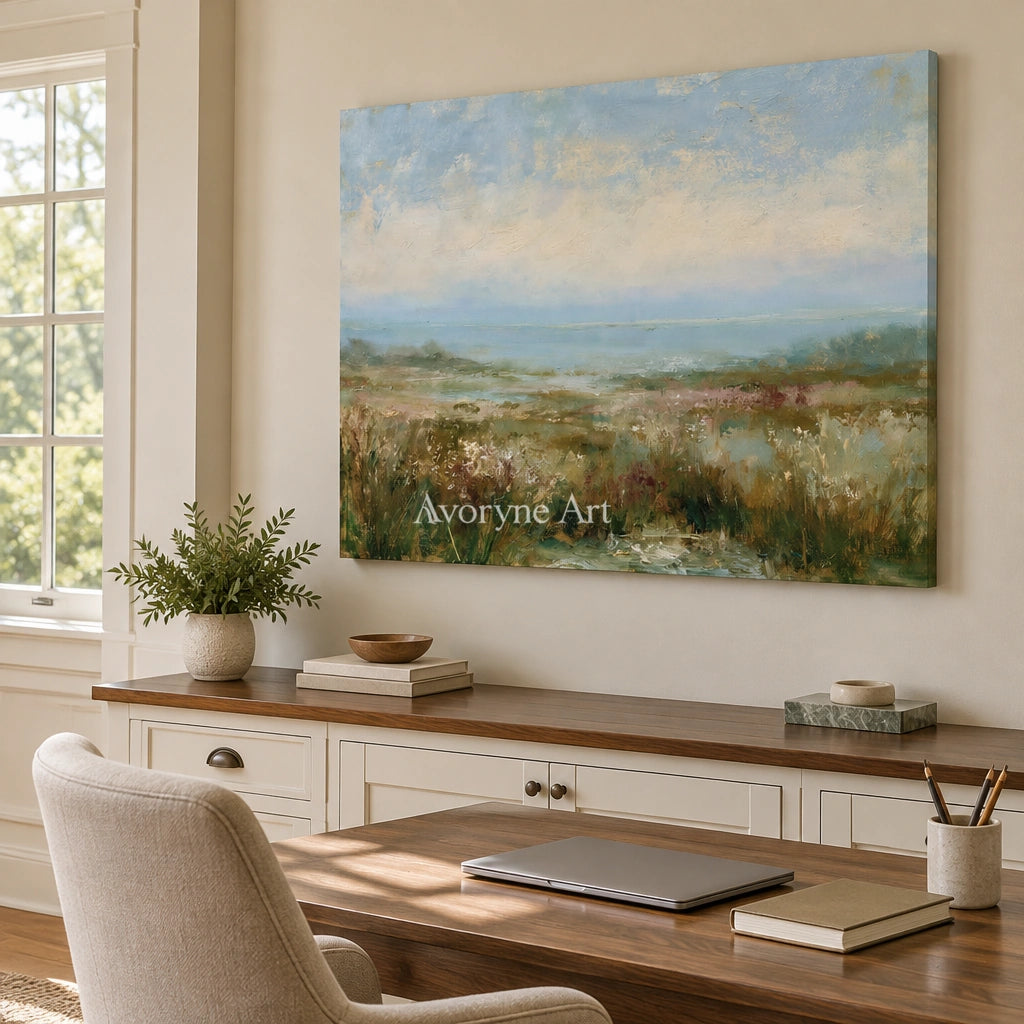 Ivory Gentle Reverie: Soft Meadow Landscape — office frameless