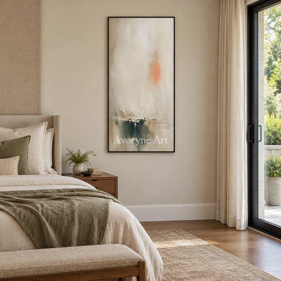 Woven Refrain soft neutral abstract wall art with a black frame above a bed in a bedroom