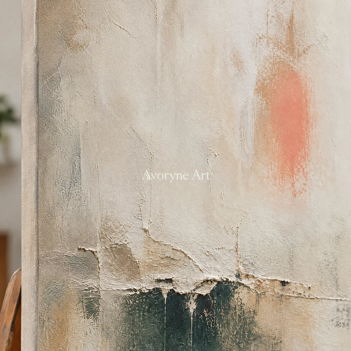 Close-up of the hand-painted texture of Woven Refrain soft neutral abstract wall art on an easel