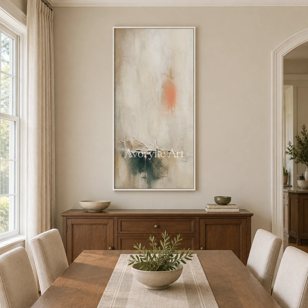 Woven Refrain soft neutral abstract wall art with a white frame in a dining room