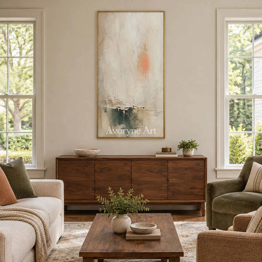 Woven Refrain soft neutral abstract wall art with a gold frame hanging in a living room