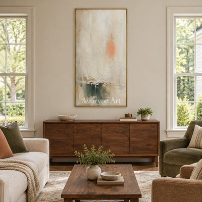 Woven Refrain soft neutral abstract wall art with a gold frame hanging in a living room