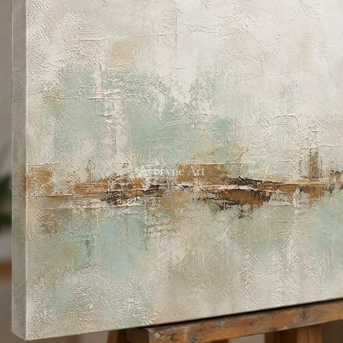 Close-up of the hand-painted texture of Woven Measure soft neutral abstract wall art on an easel