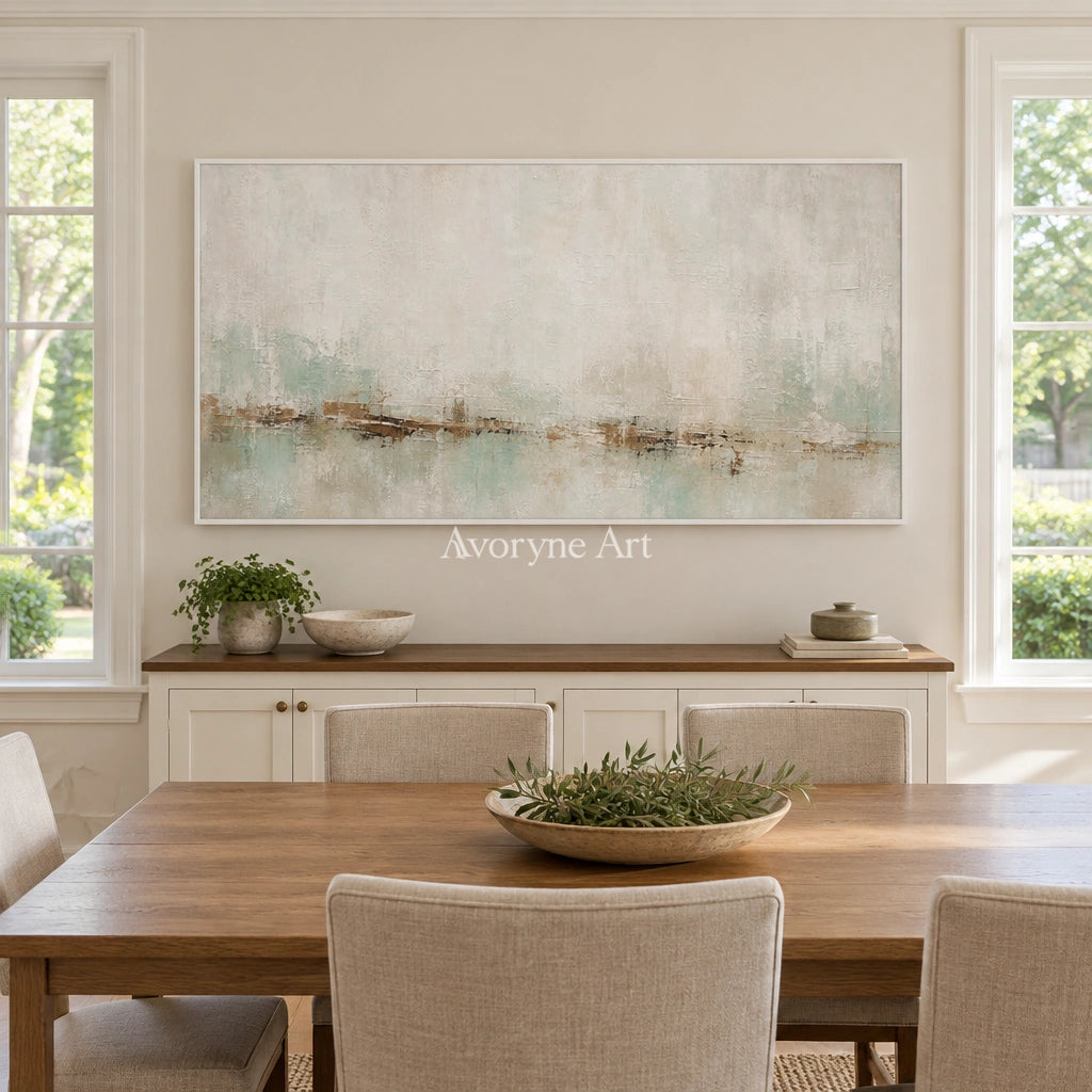 Woven Measure soft neutral abstract wall art with a white frame in a dining room