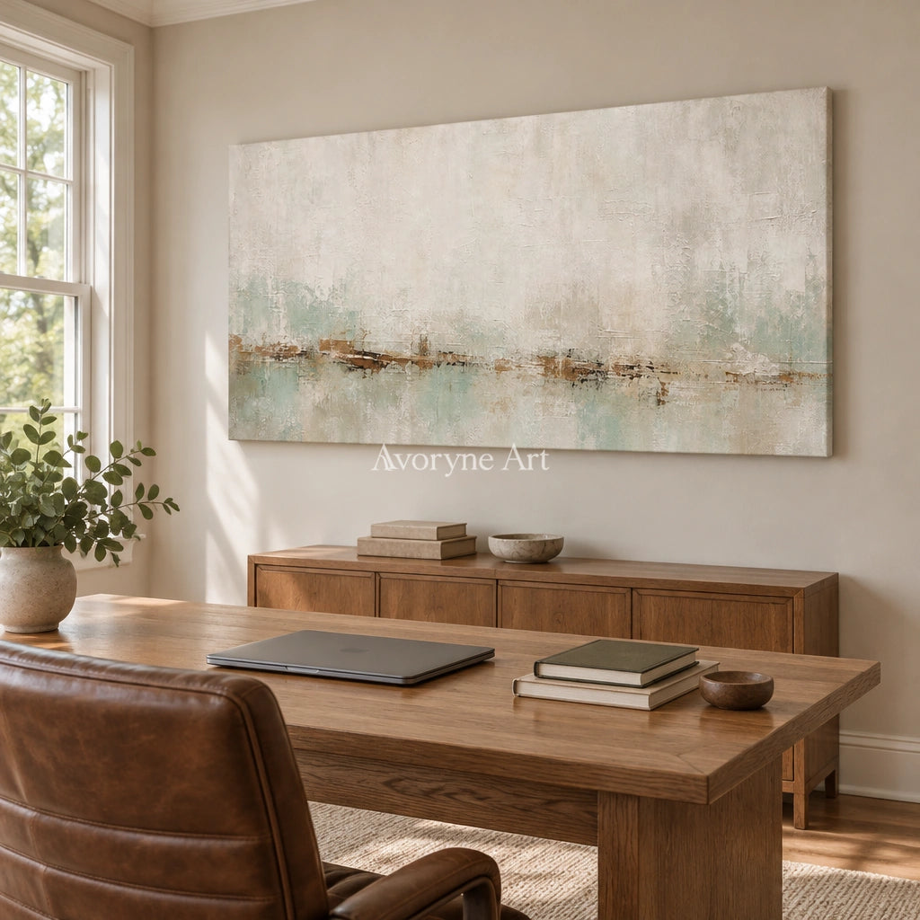 Woven Measure soft neutral abstract wall art as a frameless stretched canvas in a home office
