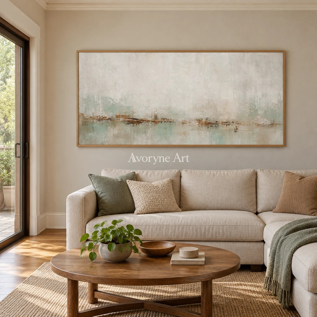 Woven Measure soft neutral abstract wall art with a wood frame in a villa living space