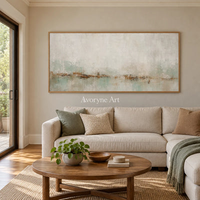 Woven Measure soft neutral abstract wall art with a wood frame in a villa living space