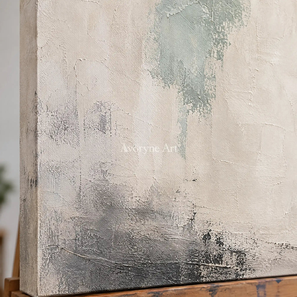 Close-up of the hand-painted texture of Woven Passage soft neutral abstract wall art on an easel