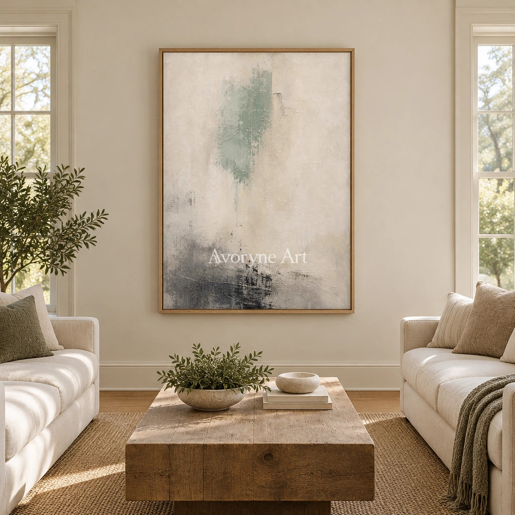 Woven Passage soft neutral abstract wall art with a wood frame in a villa living space