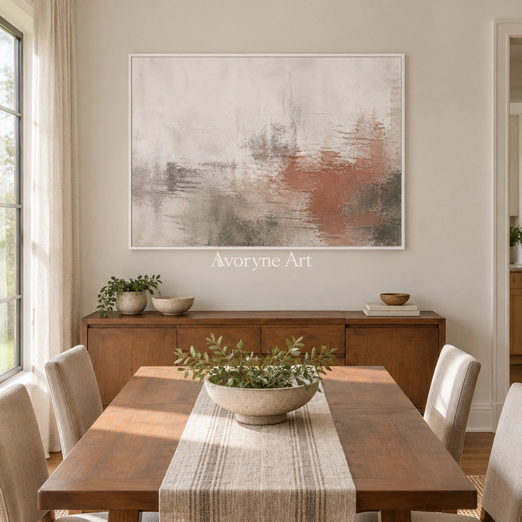 Woven Echo soft neutral abstract wall art with a white frame in a dining room