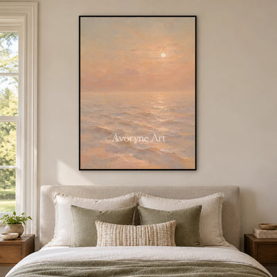 Apricot Stillness: Soft Sunset Seascape Wall Art — bedroom black