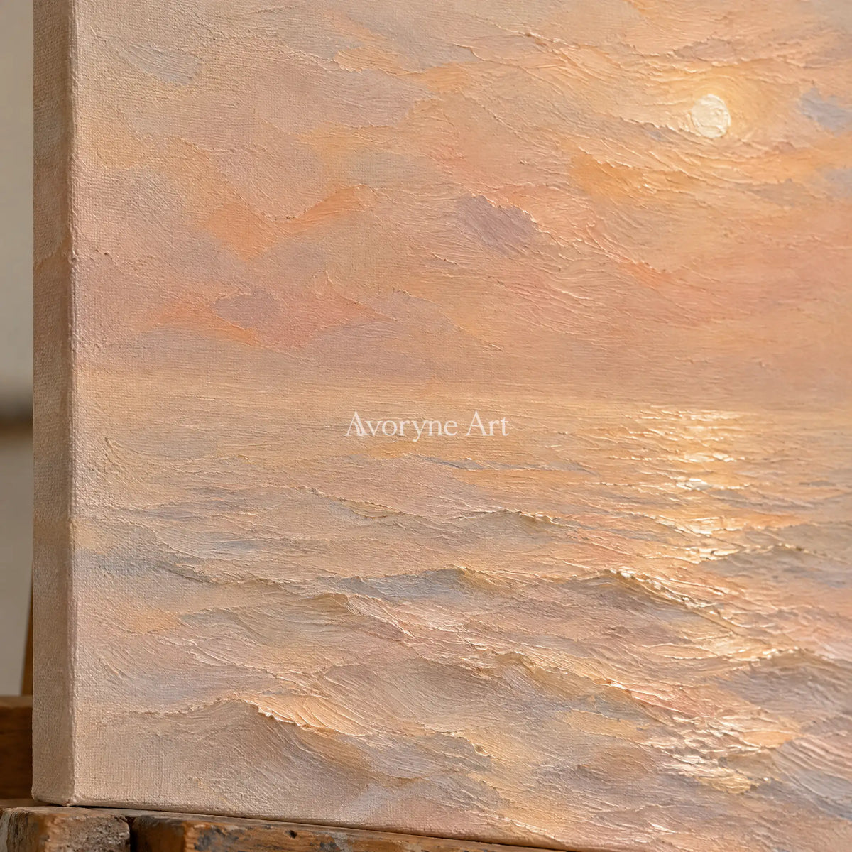 Apricot Stillness: Soft Sunset Seascape Wall Art — detail easel