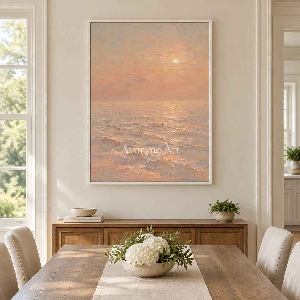 Apricot Stillness: Soft Sunset Seascape Wall Art — dining white
