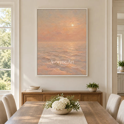 Apricot Stillness: Soft Sunset Seascape Wall Art — dining white