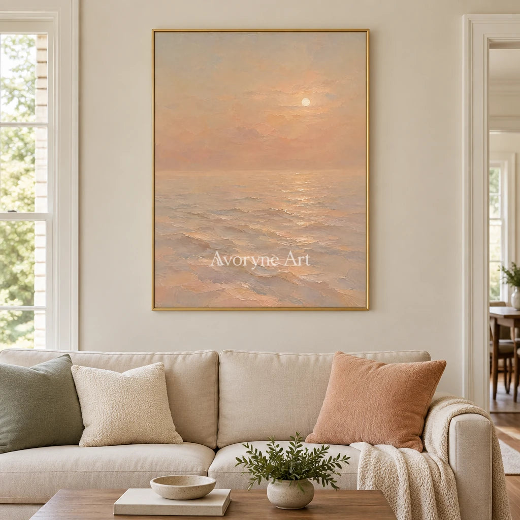 Apricot Stillness: Soft Sunset Seascape Wall Art — living gold