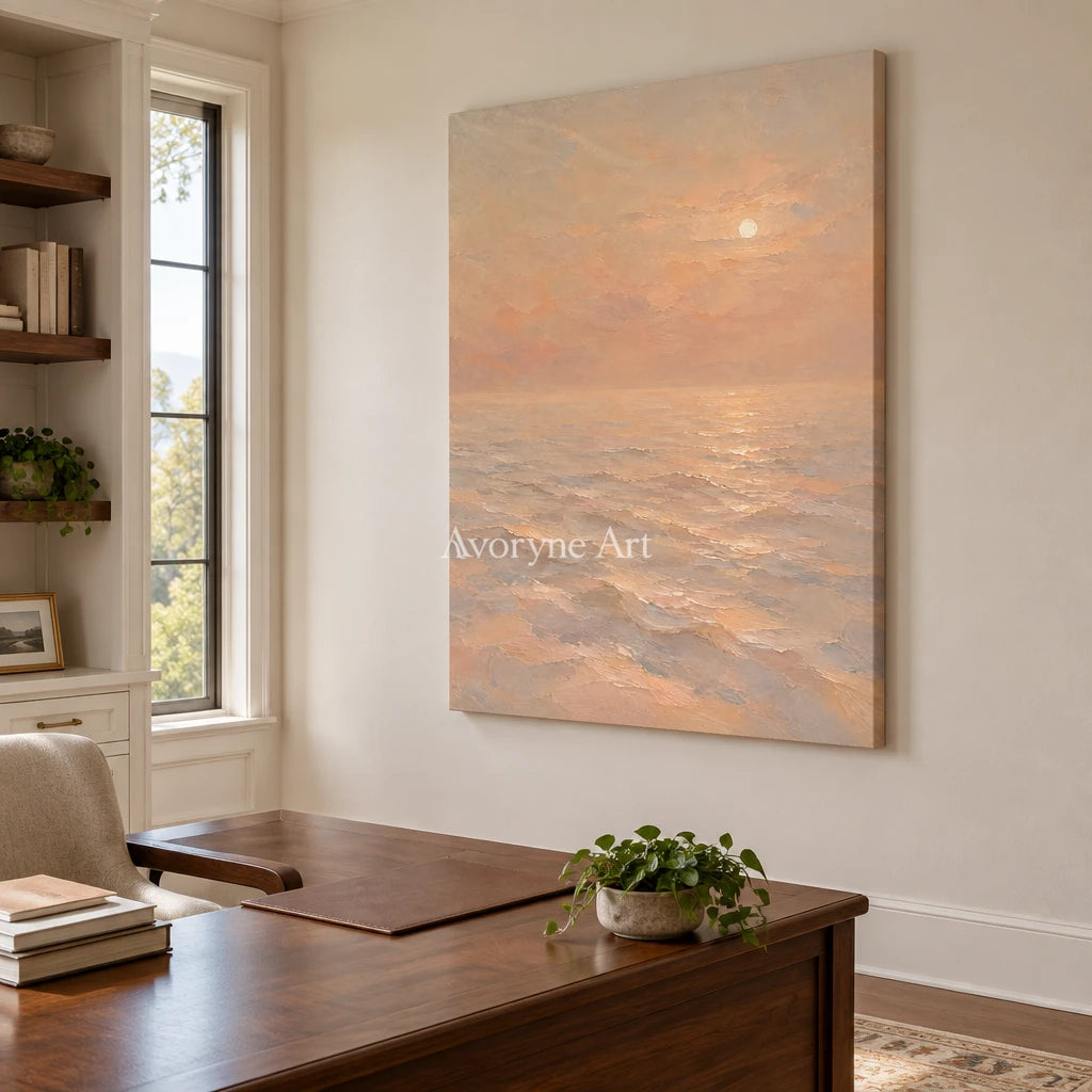 Apricot Stillness: Soft Sunset Seascape Wall Art — office frameless