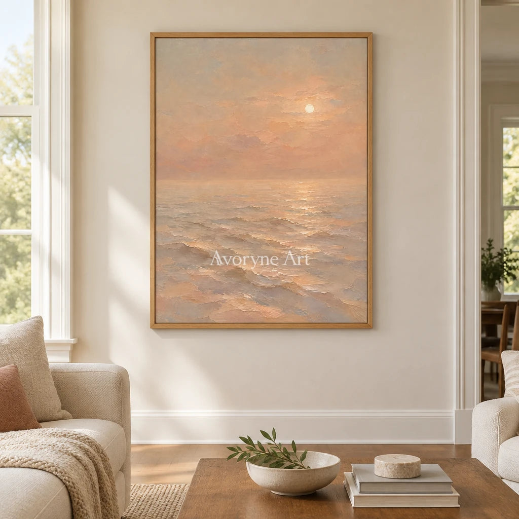 Apricot Stillness: Soft Sunset Seascape Wall Art — villa wood