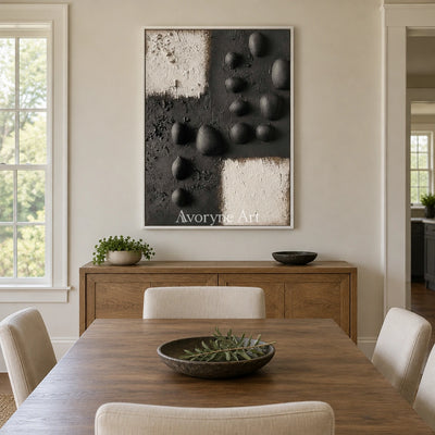 Lucent Sonata stone dot relief wall art with a white frame in a dining room