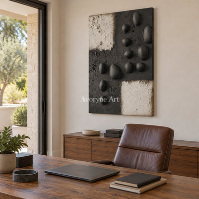 Lucent Sonata stone dot relief wall art as a frameless stretched canvas in a home office