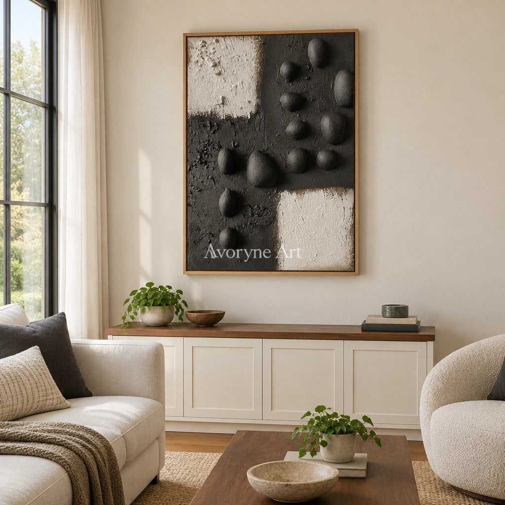 Lucent Sonata stone dot relief wall art with a wood frame in a villa living space