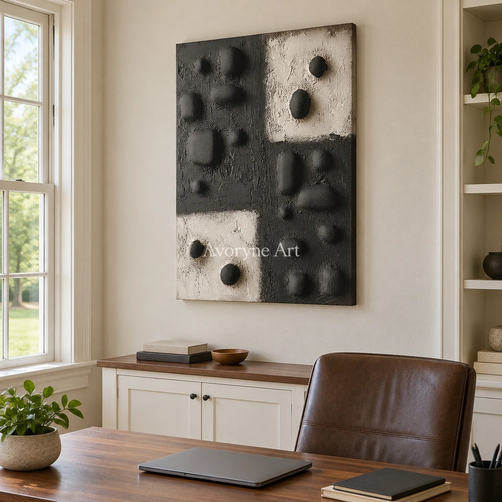 Muted Refrain stone dot relief wall art as a frameless stretched canvas in a home office