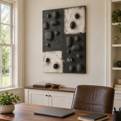 Muted Refrain stone dot relief wall art as a frameless stretched canvas in a home office