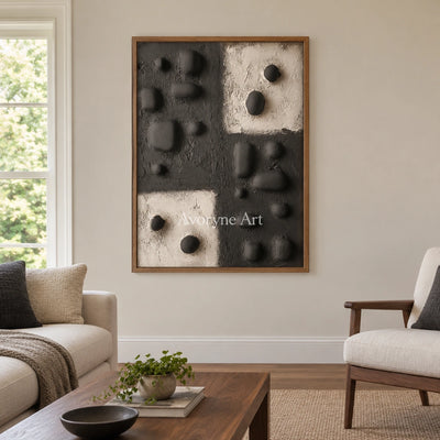 Muted Refrain stone dot relief wall art with a wood frame in a villa living space