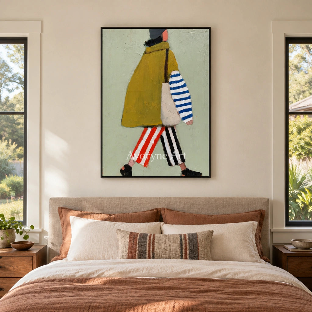 Ivory Gentle Light: Strolling Figure Art — bedroom black