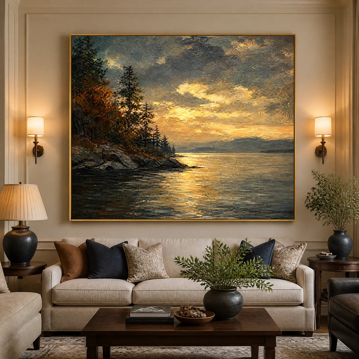 Sunset Cove: Coastal Landscape Wall Art - living room gold frame