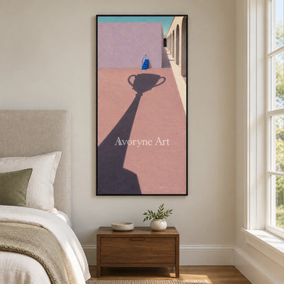 Lucent Vista surreal scene wall art with a black frame above a bed in a bedroom