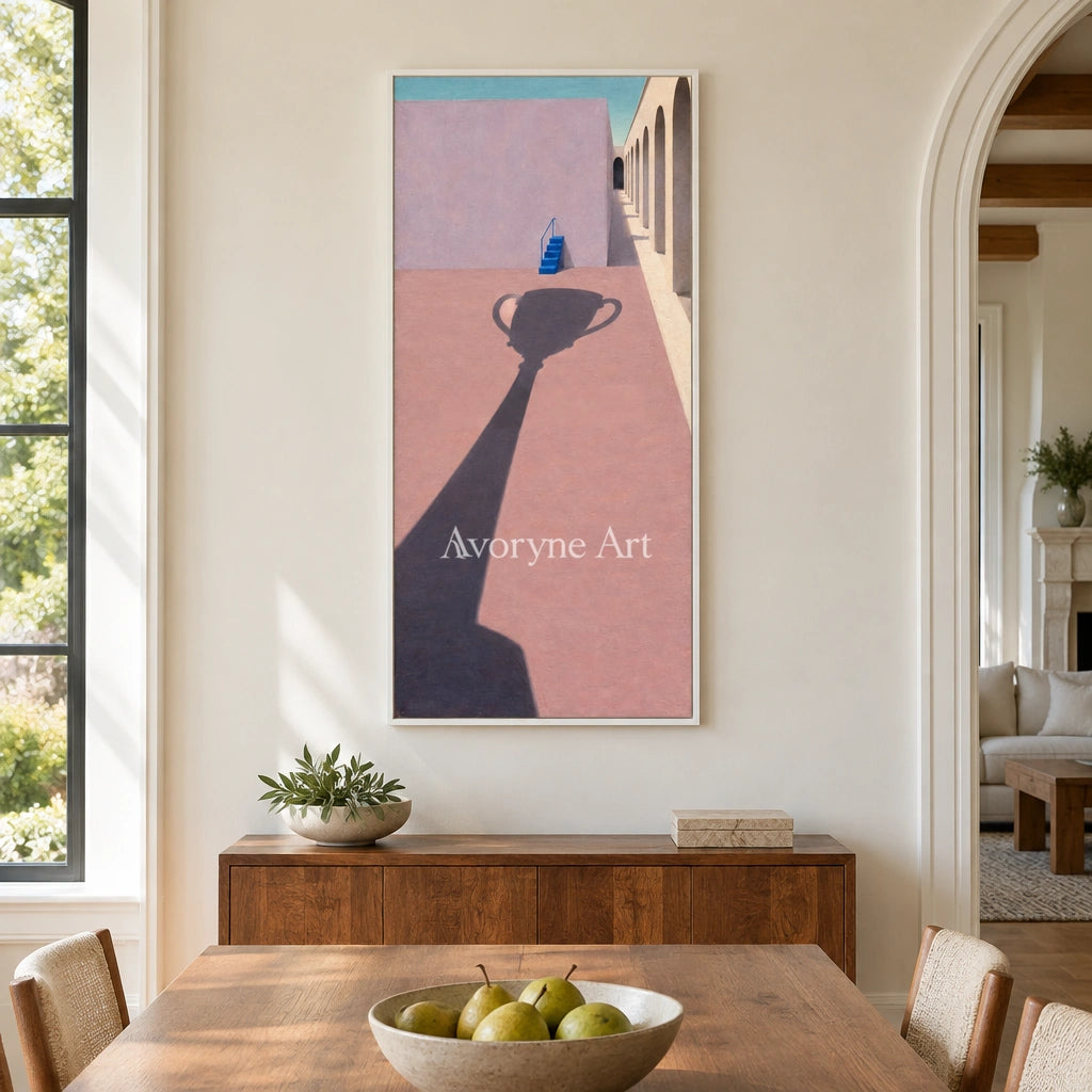 Lucent Vista surreal scene wall art with a white frame in a dining room