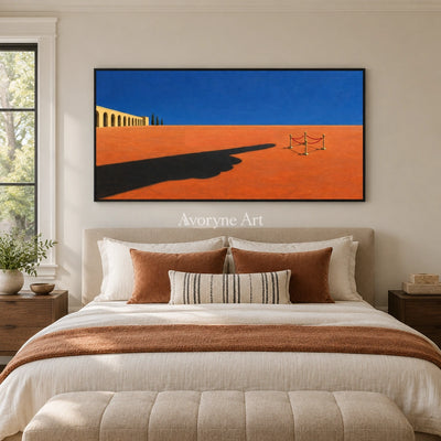 Lucent Current surreal scene wall art with a black frame above a bed in a bedroom