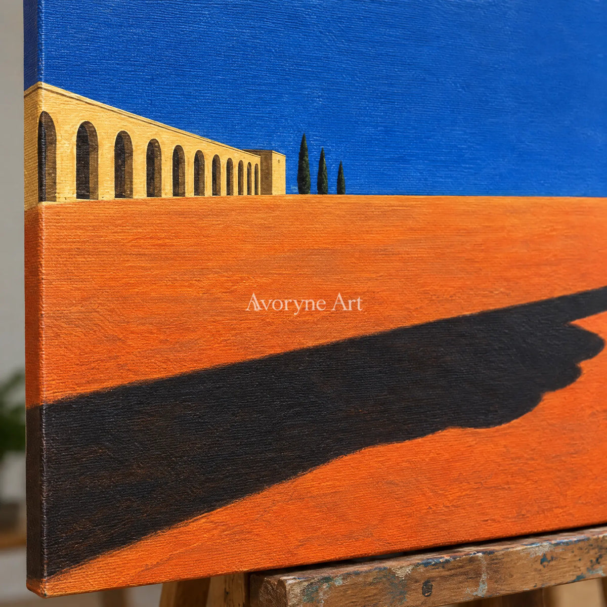 Close-up of the hand-painted texture of Lucent Current surreal scene wall art on an easel