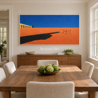 Lucent Current surreal scene wall art with a white frame in a dining room