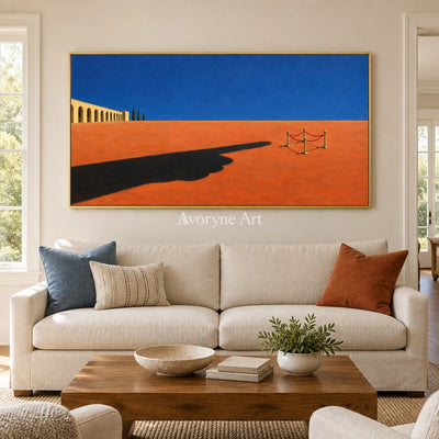 Lucent Current surreal scene wall art with a gold frame hanging in a living room