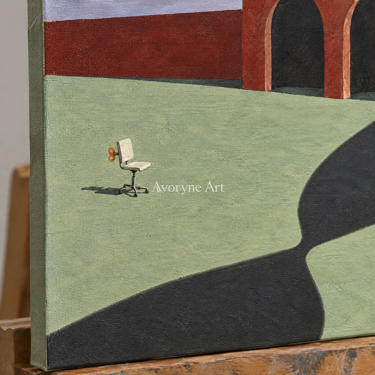Close-up of the hand-painted texture of Lucent Solace surreal scene wall art on an easel