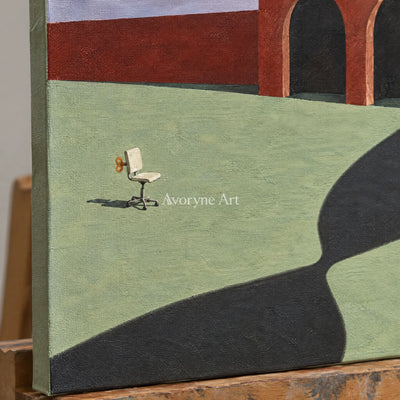 Close-up of the hand-painted texture of Lucent Solace surreal scene wall art on an easel