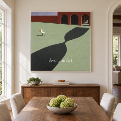 Lucent Solace surreal scene wall art with a white frame in a dining room