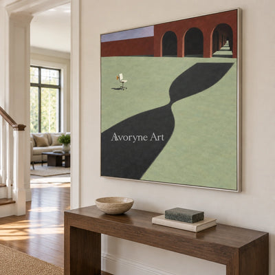 Lucent Solace surreal scene wall art with a silver frame in an entryway