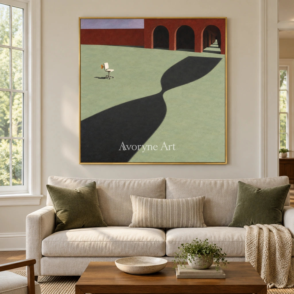Lucent Solace surreal scene wall art with a gold frame hanging in a living room
