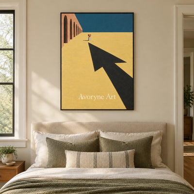 Lucent Reverberation surreal scene wall art with a black frame above a bed in a bedroom