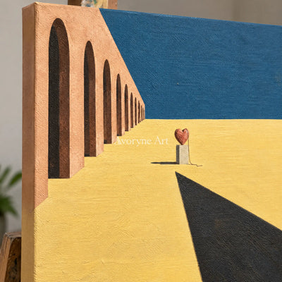 Close-up of the hand-painted texture of Lucent Reverberation surreal scene wall art on an easel