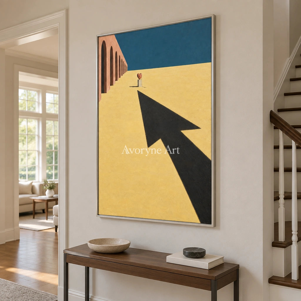 Lucent Reverberation surreal scene wall art with a silver frame in an entryway